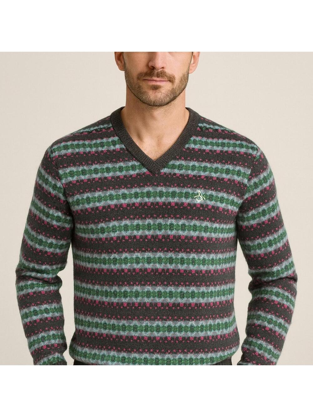 Original Penguin V-Neck Sweater - Charcoal, Teal, Magenta Stripes